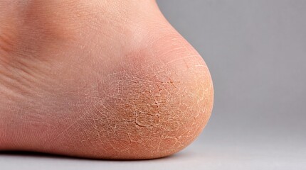 Fototapeta premium Macro View of Severely Dry and Cracked Human Heel Skin, Medical Foot Care and Dermatology Concept