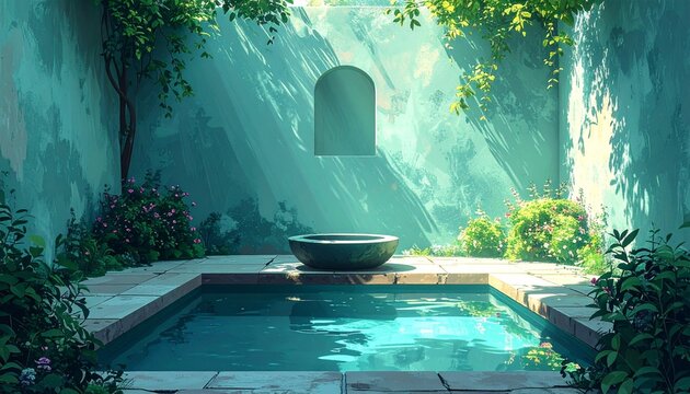 Serene Courtyard Pool with Sunlight and Greenery.