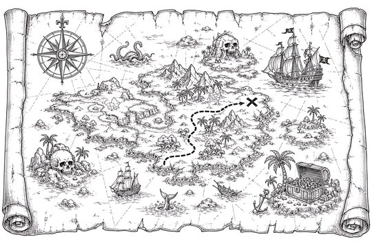 Pirate treasure map, black and white line art, pirate map illustration, treasure map, vintage map, antique map, treasure hunt, pirate adventure, nautical map, old parchment map, fantasy map, island ma