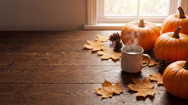 cozy autumn window scene with pumpkins coffee mug and fallen maple leaves
