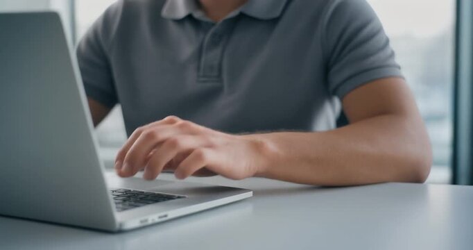 Man in grey polo shirt types on laptop at desk, bright setting