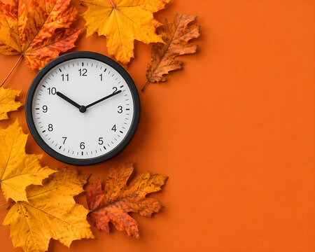 Simple round wall clock displayed on a vibrant orange background surrounded by beautiful dried autumn leaves during the fall season