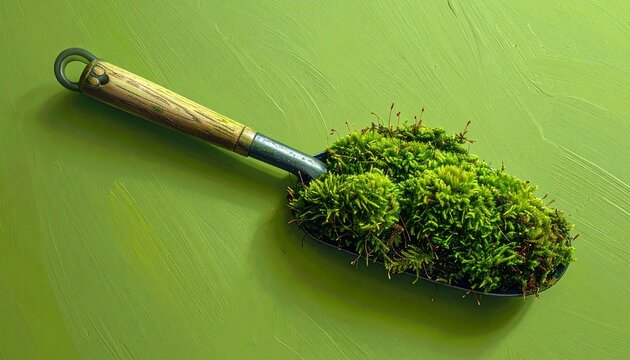 Gardening trowel with fresh green moss on wooden handle.