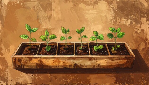 Young seedlings growing in wooden planter box.