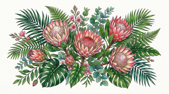 Exotic Floral Arrangement: King Protea, Ferns, Eucalyptus, Tropical Leaves