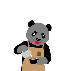 Cute panda barista wearing a brown apron and pouring milk into a cup of coffee. Charming cartoon animal character isolated on a white background, suitable for coffee shop branding, cafe menus. © Muhammad