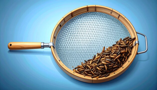 Wooden strainer filled with cooked mealworms on blue background.