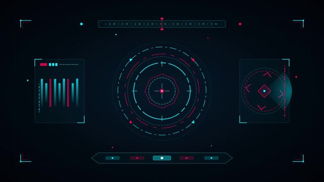 Animated futuristic HUD interface displaying targeting scope and data graphs