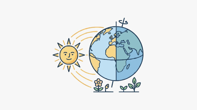 Spring equinox astronomical illustration showing planet Earth globe with equal sunlight distribution from a smiling sun character and growing plant sprouts on white background.