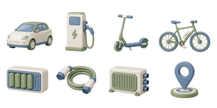 Electric mobility icons, electric car, EV charger, scooter, bicycle, battery, hose, radiator, and map pin 3D set.