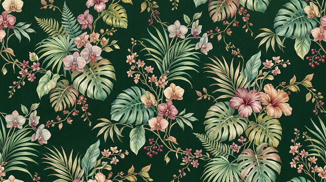 Exotic floral pattern, jungle leaves and orchids, dark green background