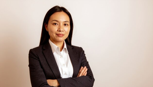 Confident professional woman bank employee in black blazer standing with arms crossed against green background with copy space