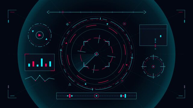 Futuristic HUD interface animated with rotating radar sweep and digital target telemetry data on dark background