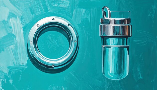 Industrial metal porthole and glass lens on teal background.