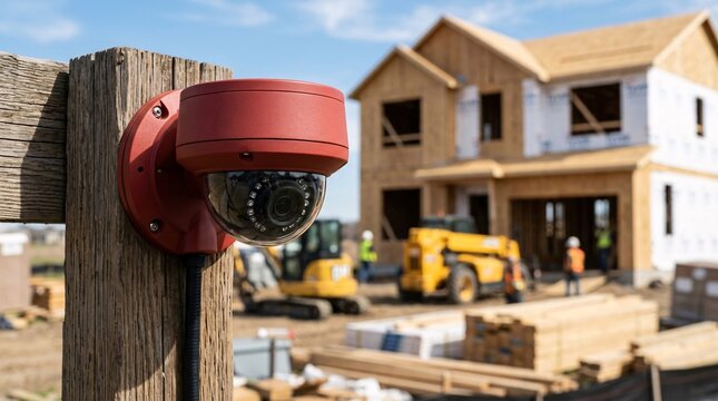 Matte red security camera mounts on wooden posts, sharply overlooking blurred residential construction sites under clear blue daytime skies.