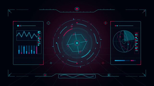 Futuristic HUD interface animation featuring rotating radar central target crosshair and glowing digital data charts.