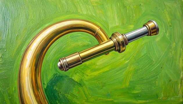 Vintage Brass Horn Instrument on Green Background.