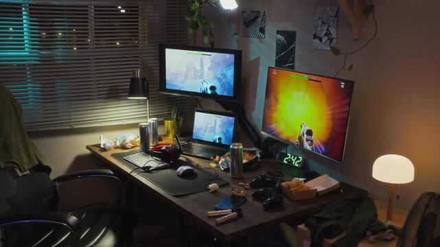 Messy gaming desk showing active video game on multiple screens at night with snacks and soda cans. Clip is ideal for content about screen addiction, gaming dependency, or youth lifestyle