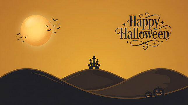 Halloween vector illustration depicts a silhouetted castle bats and pumpkins against an orange gradient backdrop