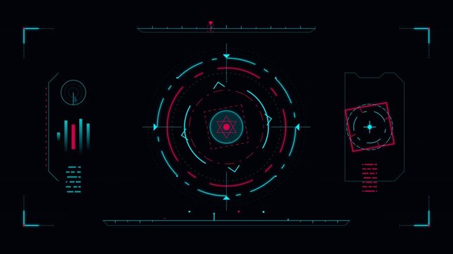 Futuristic HUD interface featuring animated neon radar crosshairs and digital data overlays on dark background.