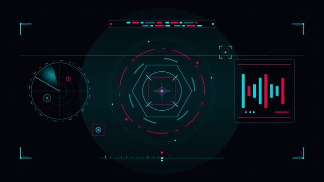 Futuristic HUD interface featuring animated radar screen targeting scope and audio equalizer display