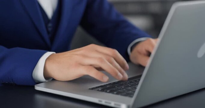 Employee in blue blazer typing on laptop for effective office project