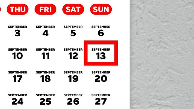 Red cursor highlighting September 13th on a 2026 wall calendar page
