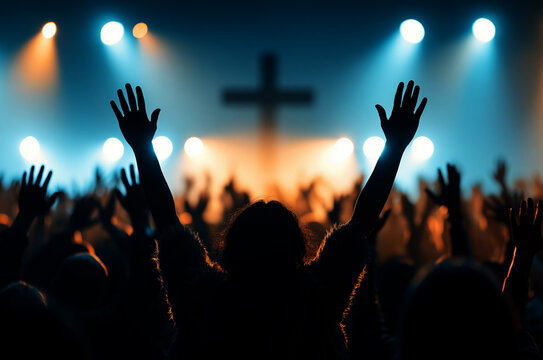 people raising their hands in worship at a church, with a cross on the stage background	
