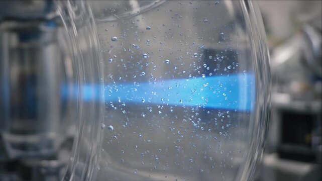 Cinematic clean water technology background with glass chamber detail and blue light line creating modern science mood with floating drop texture and sterile laboratory atmosphere abstract droplet