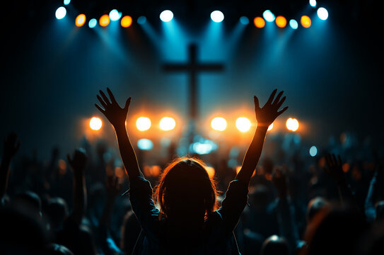 people raising their hands in worship at a church, with a cross on the stage background	

