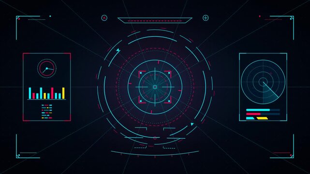 Futuristic HUD target scope and radar interface displaying digital data on dark background