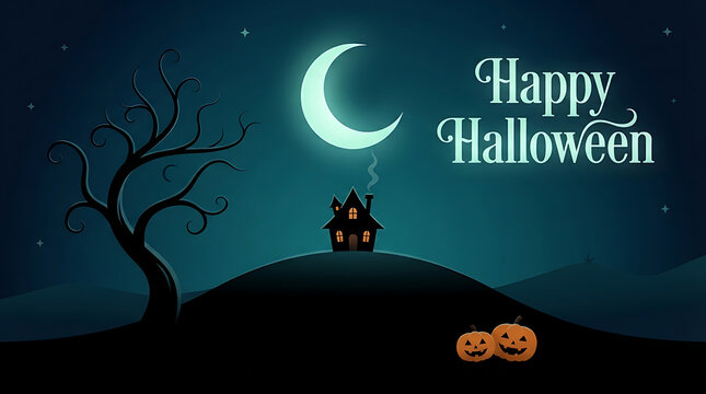 Halloween vector landscape featuring a crescent moon spooky tree and haunted house on a hill