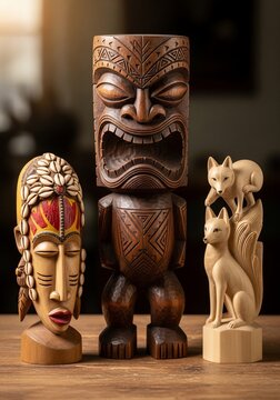 Wooden carvings tiki masks