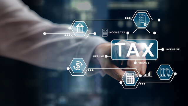 Businessman pointing at virtual screen displaying TAX word and related financial icons like income tax, refund, and calculator. Concept of a Tax Consultant