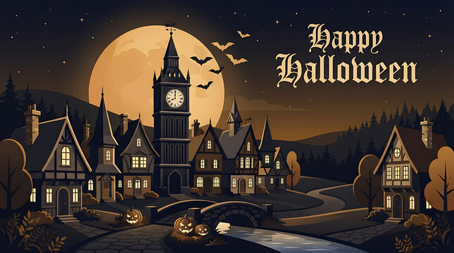 A spooky halloween village illustration features a clock tower and glowing pumpkins under a full moon