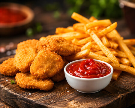 Crispy golden chicken nuggets paired with hot salty potato french fries and rich red tomato ketchup