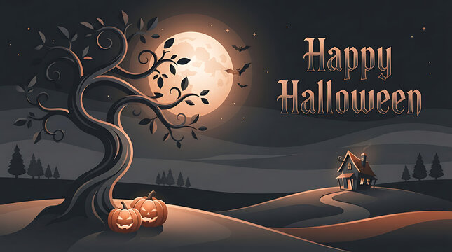 Halloween vector landscape with a full moon silhouetted trees pumpkins and a distant haunted house