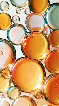 Bubbles in clear water move and change colors under light in a glass container. Patterns form as they shift and reflect colorful hues.