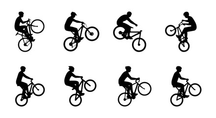 Fototapeta premium BMX Bicycle Stunt Silhouettes, Extreme Sports Action Poses, Dynamic Cycling Tricks Vector Set