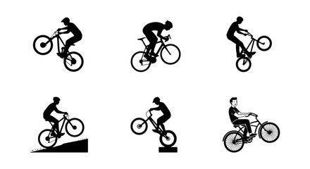 Fototapeta premium BMX Bicycle Stunts Silhouettes, Extreme Sports Action, Dynamic Cycling Tricks Vector Set