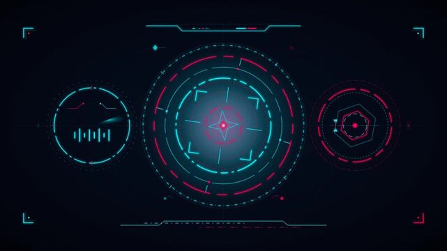 Futuristic neon HUD interface displaying animated circular targeting reticles and telemetry