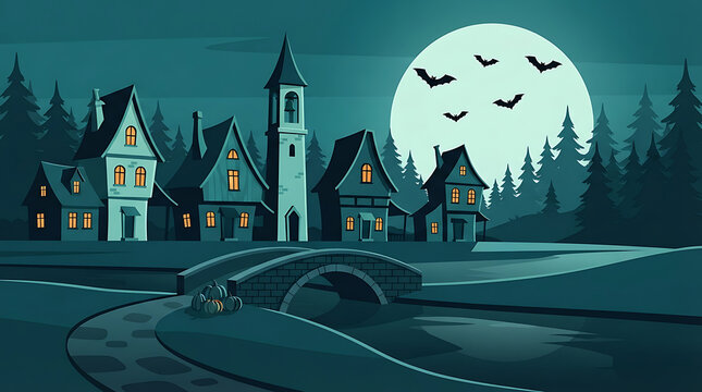 A spooky halloween village scene features gothic architecture under a large full moon at night