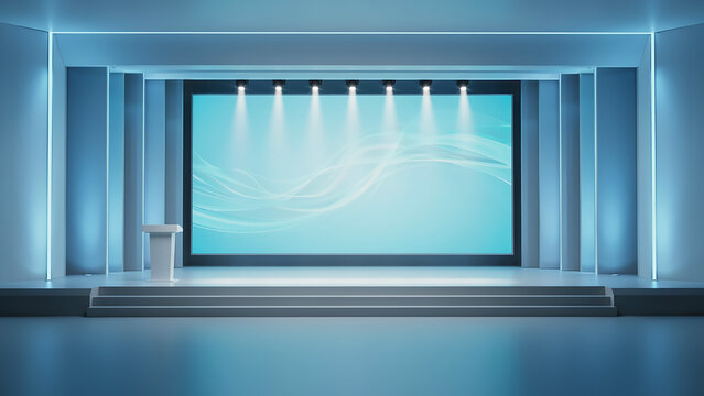 Modern virtual broadcast studio stage with podium and large screen display for business news presentation broadcast background presentation