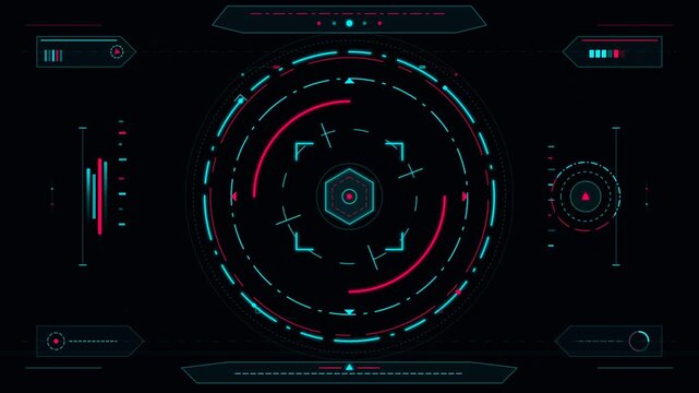 Futuristic sci-fi HUD interface with rotating cyan and pink targeting elements.