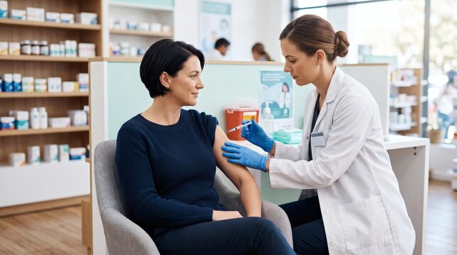 A female pharmacist in a white coat and blue gloves administers a vaccine shot to a seated woman in a pharmacy setting.