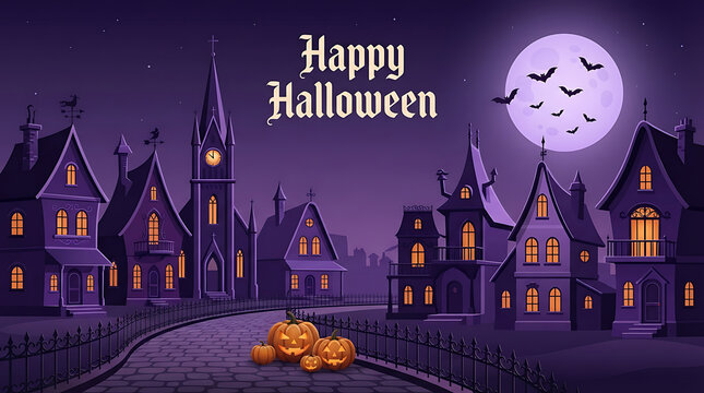 A detailed vector illustration depicts a spooky halloween village scene with illuminated houses and a full moon