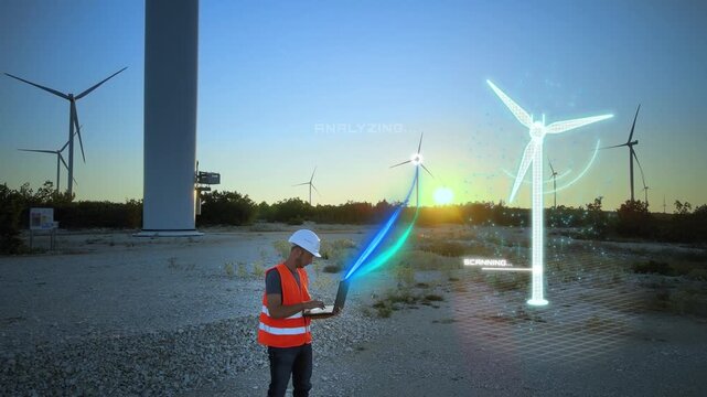 Engineer technician with laptop anayze wind turbine digital twin hologram real-time live statistic in terms to measure power output in MW. 3D render