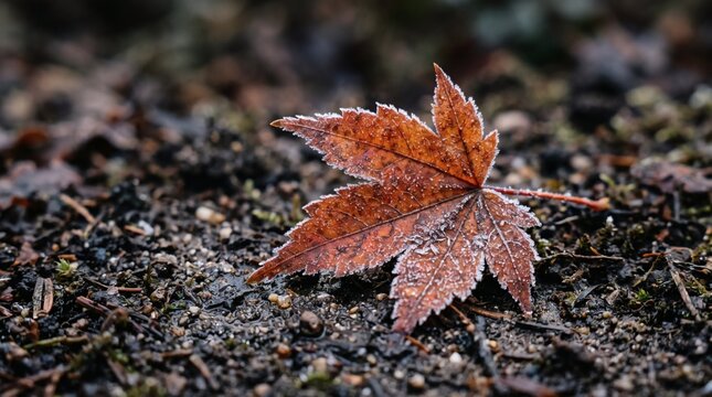 A close-up shot of a single brown maple leaf covered in delicate white frost, resting on dark, damp soil, evoking the crisp and serene atmosphere of autumn or early winter.