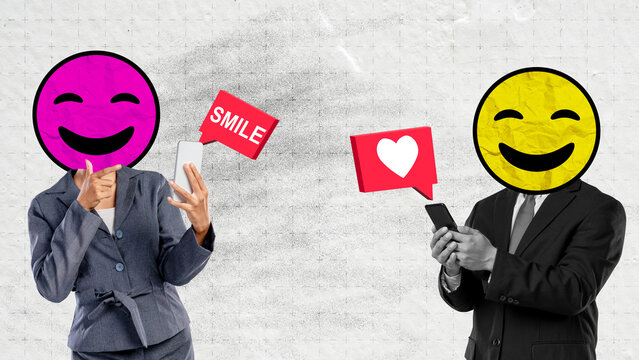 Art collage of businesspeople with smiley face emojis using smartphones to send "smile" and "heart" messages on a textured background. Concept of World Smile Day