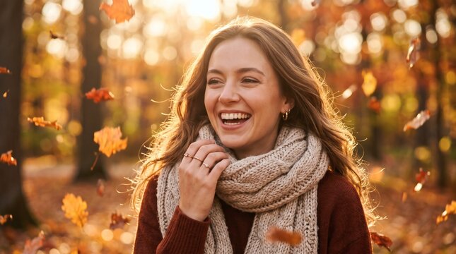 A happy young woman with long brown hair laughs joyfully while standing outdoors in an autumn park with golden sunlight and falling leaves.